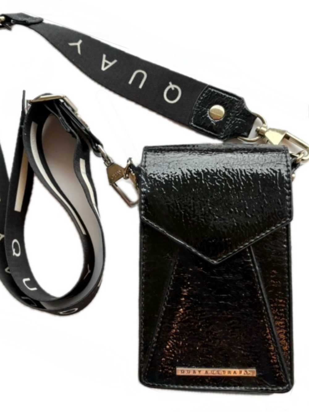 Quay Australia Small Crossbody Bag Logo Strap Patent Leather Black Gold Camo